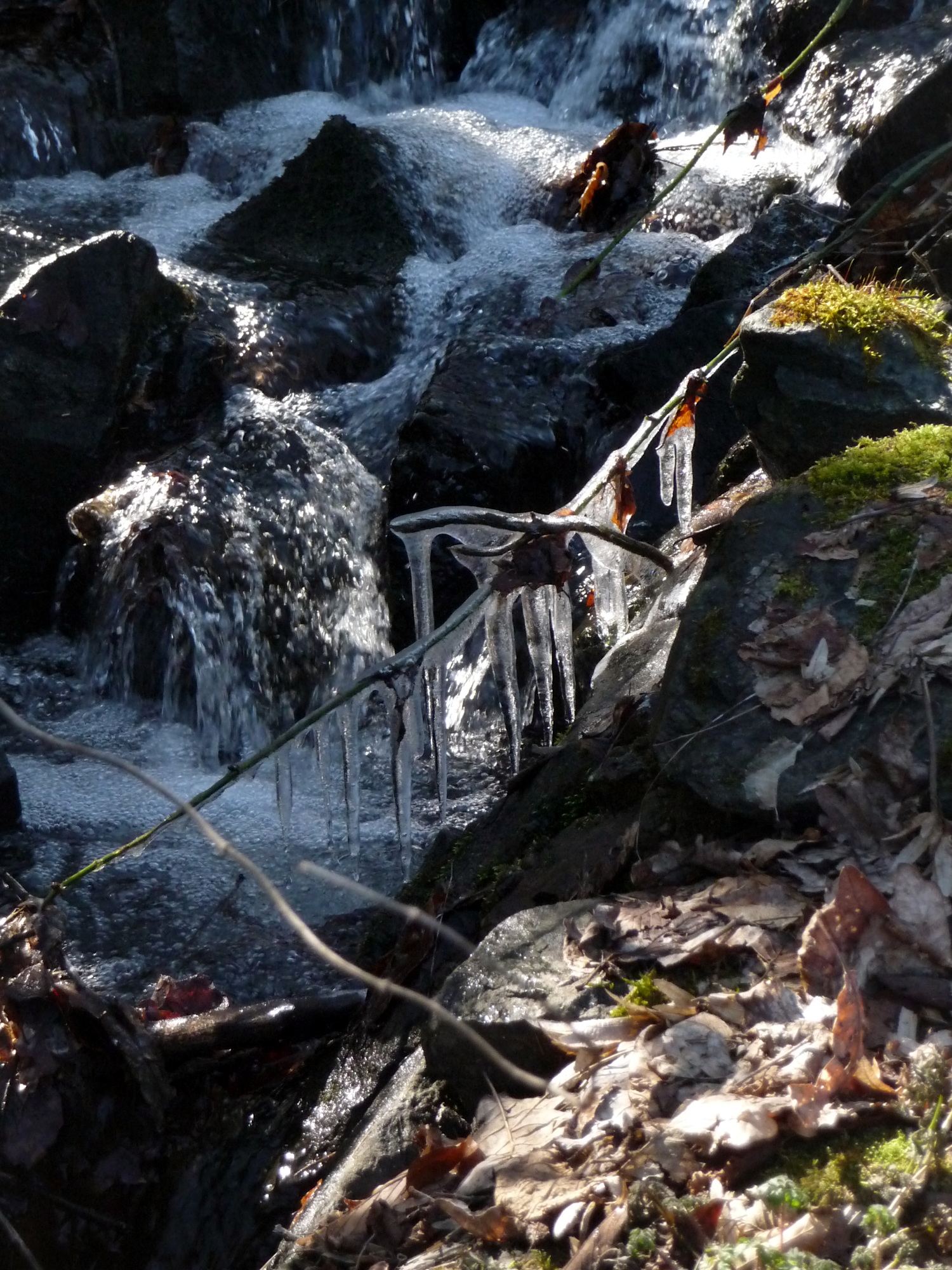 An manchen Stellen sind auch mittags noch Eiszapfen zu finden, hier am Überlauf vom Werkgraben zum Urselbach am Kupferhammerweg.